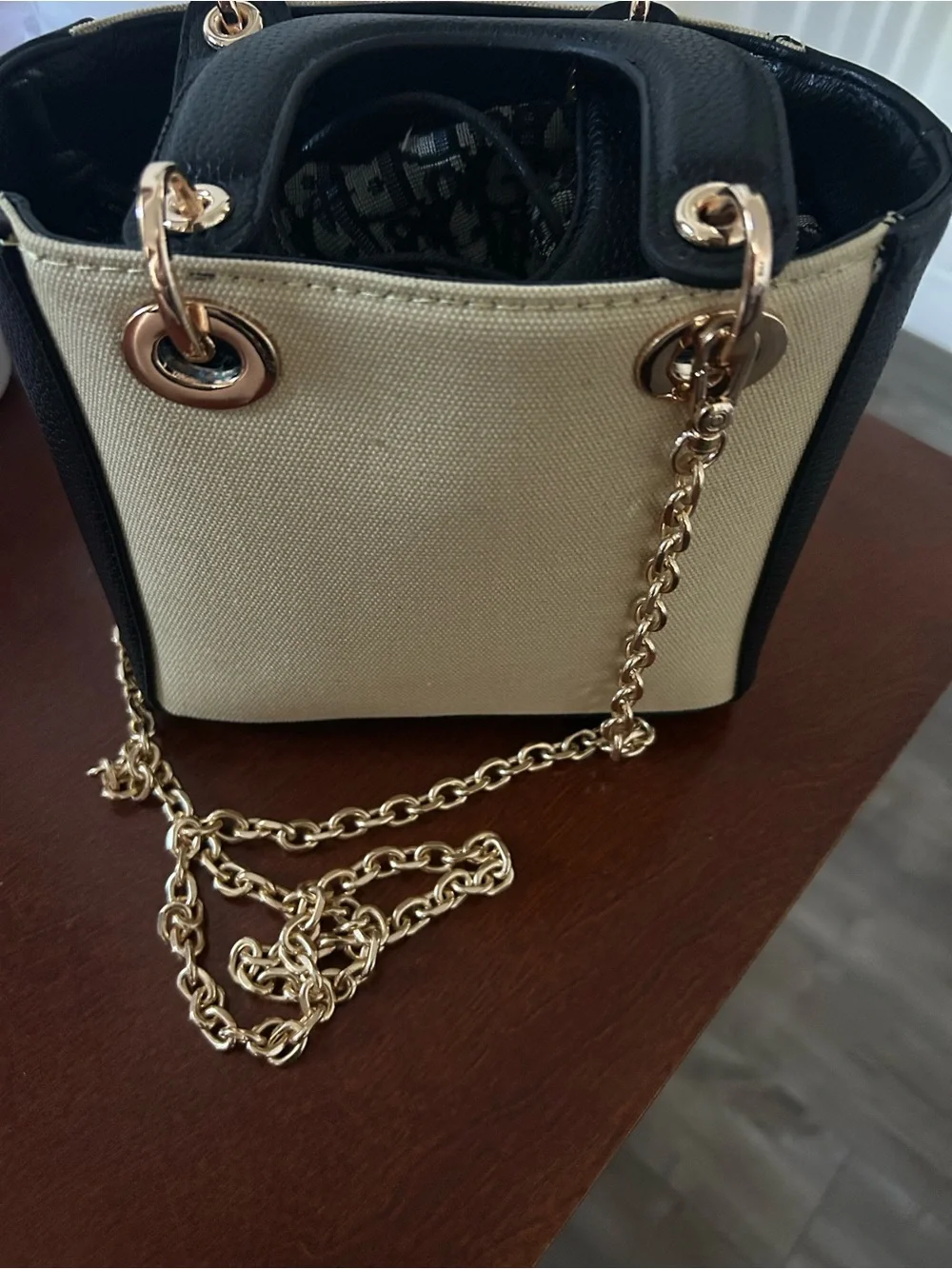 Fashion Beige Canvas Mini Bag with Black Trim and Gold Hardware - Picture 5 of 6